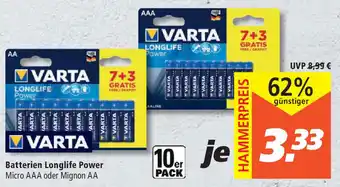 Marktkauf Varta Batterien Longlife Power Micro AAA oder Mignon AA Angebot