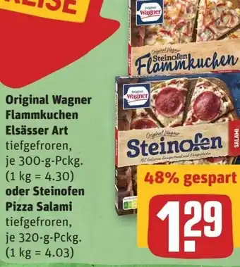 REWE Original Wagner Flammkuchen Elsässer Art je 300-g-Pckg. oder Steinofen Pizza Salami je 320-g-Pckg. Angebot