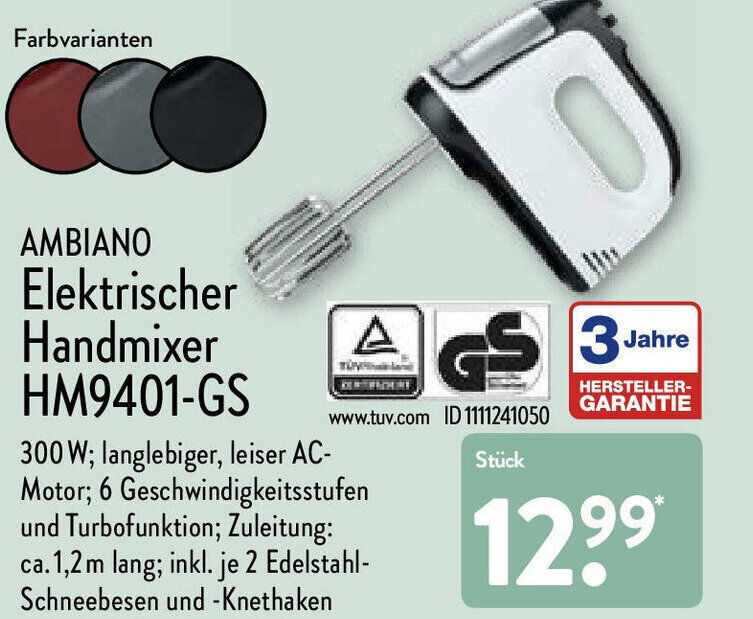 Ambiano Elektrischer Handmixer HM9401GS Angebot bei Aldi Nord
