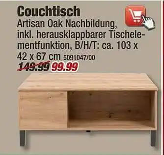 Poco Couchtisch Artisan Oak Nachbildung Inkl. Herausklappbarer Tischelementfunktion Angebot