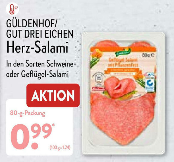 Güldenhof/Gut Drei Eichen HerzSalami 80gPackung Angebot bei Aldi Nord