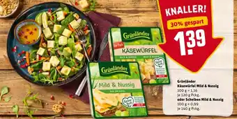 REWE Center Grünländer Käsewürfel Mild & Nussig 120g oder Scheiben Mild & Nussig 140g Angebot