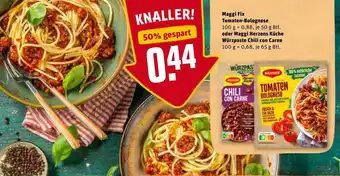 REWE Center Maggi Fix Tomaten Bolognese 50g Btl. oder Maggi Herzens Küche Würzpaste Chili con Carne 65g Btl. Angebot