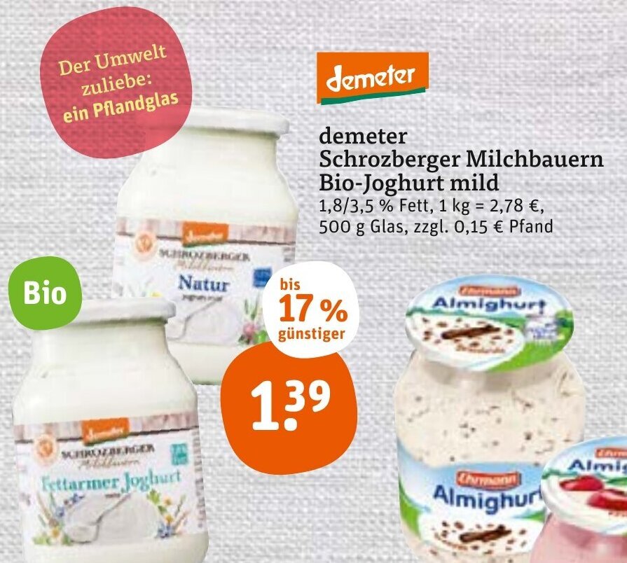 Demeter Schrozberger Milchbauern Bio Joghurt Mild 500g Angebot bei tegut