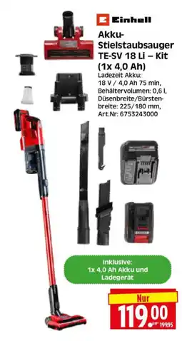 Herkules Baumarkt Einhell Akku-Stielstaubsauger TE-SV 18 Li – Kit Angebot
