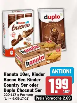AEZ Hanuta 10er, Kinder Bueno 6er, Kinder Country 9er oder Duplo Chocnut 5er Angebot