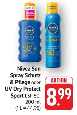 SBK Nivea Sun Spray Schutz & Pflege oder UV Dry Protect Sport LSF 50 Angebot