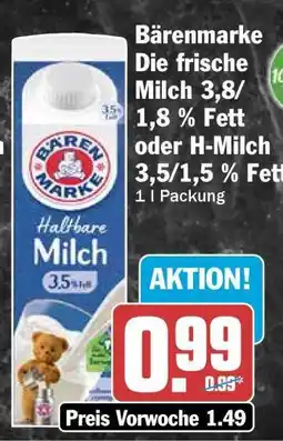 HIT Bärenmarke Die frische Milch 3,8/1,8 % Fett oder H-Milch 3,5/1,5 % Fett Angebot