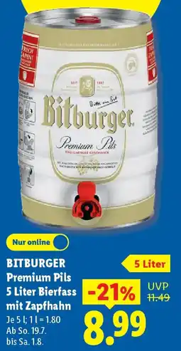 Lidl BITBURGER Premium Pils 5 Liter Bierfass mit Zapfhahn Angebot