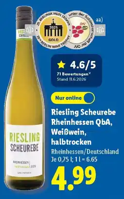 Lidl Riesling Scheurebe Rheinhessen QbA, Weißwein, halbtrocken Angebot