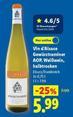 Lidl Vin d'Alsace Gewürztraminer AOP, Weißwein, halbtrocken Angebot