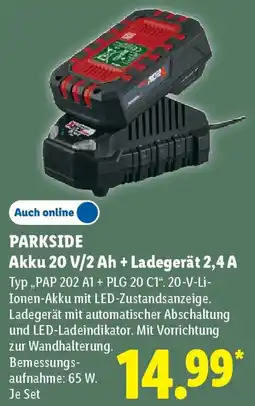 Lidl PARKSIDE Akku 20 V/2Ah + Ladegerät 2,4 A Angebot