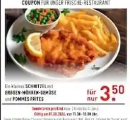 Möbel Wallach Ein kleines SCHNITZEL mit ERBSEN-MÖHREN-GEMÜSE und POMMES Frites Angebot