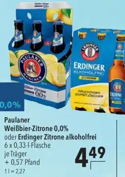 CITTI Markt Paulaner Weißbier-Zitrone 0,0% oder Erdinger Zitrone alkoholfrei Angebot