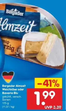 Netto Marken-Discount Bergader Almzeit Weichkäse oder Bavaria Blu Angebot