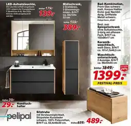 Möbel Turflon Bad-Kombination, Front Glas schwarz matt, Korpus Halifax Eiche quer Nachbildung, Griffleiste Metall schwarz. Pelipal Serie „6 Angebot
