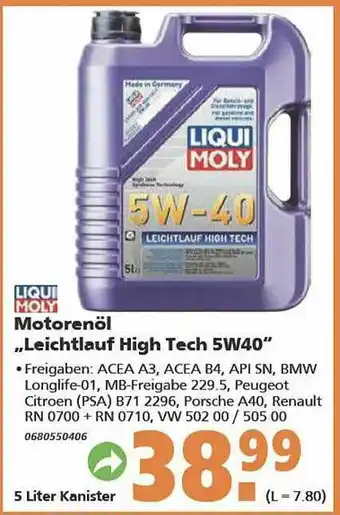 Globus Baumarkt Motorenöl „leichtlauf High Tech 5w40” Angebot