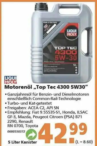 Globus Baumarkt Motorenöl „top Tec 4300 5w30” Angebot