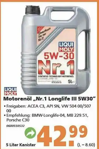 Globus Baumarkt Motorenöl „nr. 1 Longlife Lll 5w30” Angebot