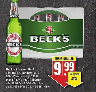 Scheck-in-Center Beck's Pilsener, Gold Oder Blue Alkoholfrei, Pilsener Oder Gold Angebot