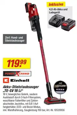 toom Baumarkt Einhell Akku-Stielstaubsauger „TE-SV 18 Li“ Angebot