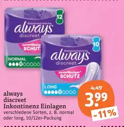tegut Always discreet inkontinenz einlagen normal Angebot