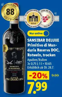Lidl SANSIBAR DELUXE Primitivo di Man- duria Reserva DOC, Rotwein, trocken Angebot