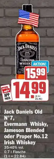 HIT Jack Daniels Old N°7, Evermann Whisky, Jameson Blended oder Proper No.12 Irish Whiskey Angebot