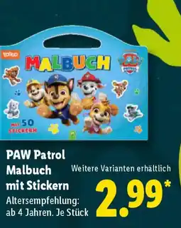 Lidl PAW Patrol Malbuch mit Stickern Angebot