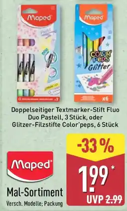 Aldi Nord Maped Doppelseitiger Textmarker-Stift Fluo Duo Pastell oder Glitzer-Filzstifte Color'peps Angebot