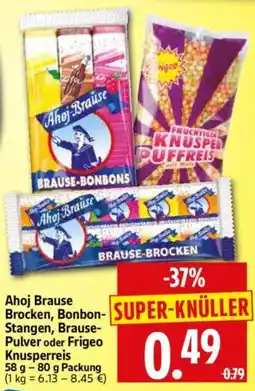 Edeka Herkules Ahoj Brause Brocken, Bonbon-Stangen, Brause-Pulver oder Frigeo Knusperreis Angebot