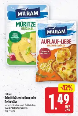 Edeka Center Milram Schnittkäsescheiben oder Reibekäse Angebot