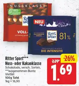 Edeka Center Ritter Sport Nuss- oder Kakaoklasse Schokolade Angebot
