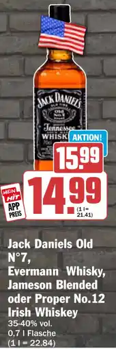 HIT Jack Daniels Old N°7, Evermann Whisky, Jameson Blended oder Proper No.12 Irish Whiskey Angebot