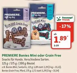 Fressnapf PREMIERE Bonies Mini oder Grain Free Snacks für Hunde. Angebot
