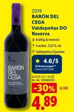 Lidl BARÓN DEL CEGA Valdepeñas DO Reserva Angebot