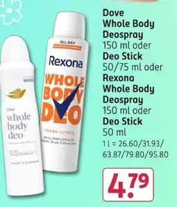 Rossmann Dove Whole Body Deospray oder Deo Stick oder Rexona Whole Body Deospray Angebot