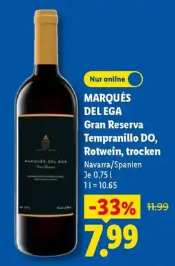 Lidl MARQUÉS DEL EGA Gran Reserva Tempranillo DO, Rotwein, trocken Angebot