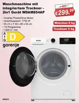Stabilo Fachmarkt Waschmaschine mit integriertem Trockner - 2in1 Gerät WDAM854AP gorenje Angebot