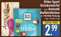 Edeka Ritter Sport Schokowürfel oder Amicelli Waffelröllchen Angebot