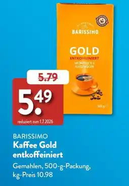 Aldi Süd BARISSIMO Kaffee Gold entkoffeiniert Angebot