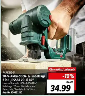 Lidl Parkside 20-v-akku-stich- & -säbelsäge 2in1 „psssa 20-li B2“ Angebot