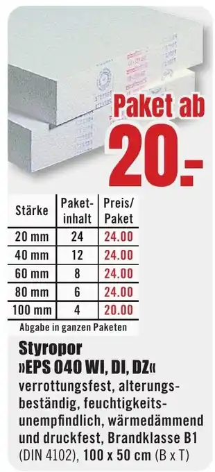 B1 Discount Baumarkt Styropor »EPS 040 WI, DI, DZ« Angebot