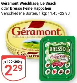 Globus Géramont Weichkäse, Le Snack oder Bresso Feine Häppchen Angebot