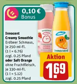 REWE Innocent Creamy Smoothie Erdbeer Schmaus oder Saft Orange ohne Fruchtfleisch Angebot