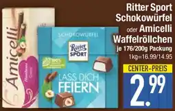 E-Center Ritter Sport Schokowürfel oder Amicelli Waffelröllchen Angebot