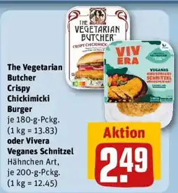 REWE The Vegetarian Butcher Crispy Chickimicki Burger oder Vivera Veganes Schnitzel Hähnchen Art Angebot