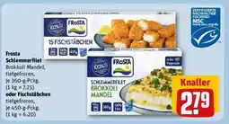 REWE Frosta Schlemmerfilet Brokkoli Mandel oder Fischstäbchen tiefgefroren, Angebot