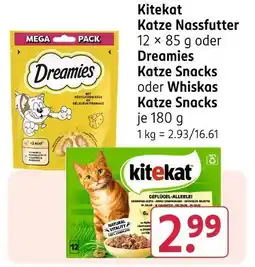 Rossmann Kitekat katze nassfutter oder dreamies katze snacks oder whiskas katze snacks Angebot
