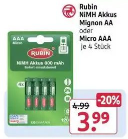 Rossmann Rubin NiMH Akkus Mignon AA oder Micro AAA je 4 Stück Angebot